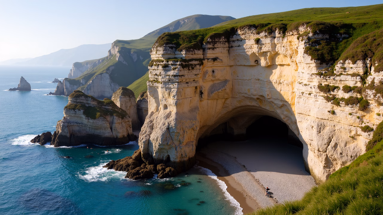 Natural cliffside cave overlooking the ocean, bathed in sunlight.