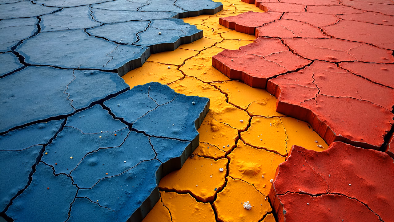 Vibrant, textured abstract illustration of colorful cracked earth.