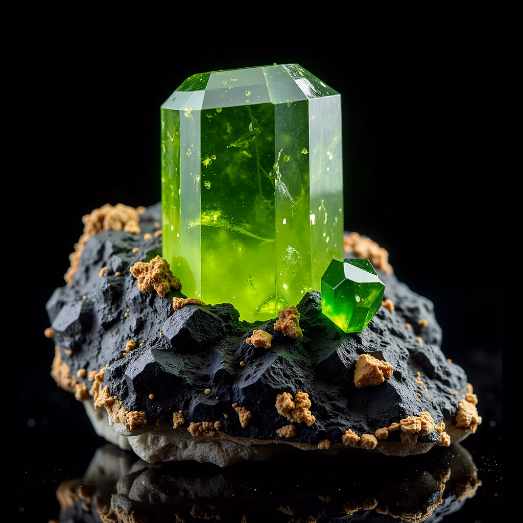 Vibrant green crystal gemstone on a rugged rock surface