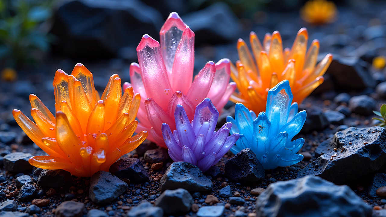 Enchanting crystal succulents in a mystical landscape.