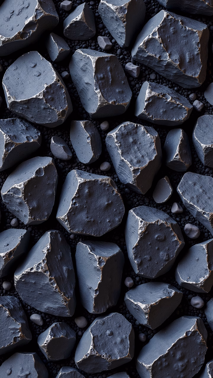 Close-up of dark, textured stones on a pebble-filled surface.