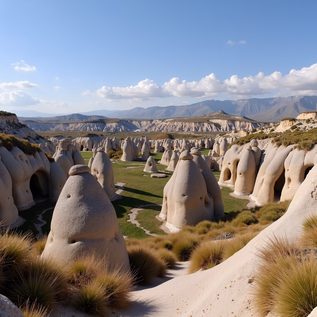 Unique desert rock formations against a backdrop of mountains and a clear sky.