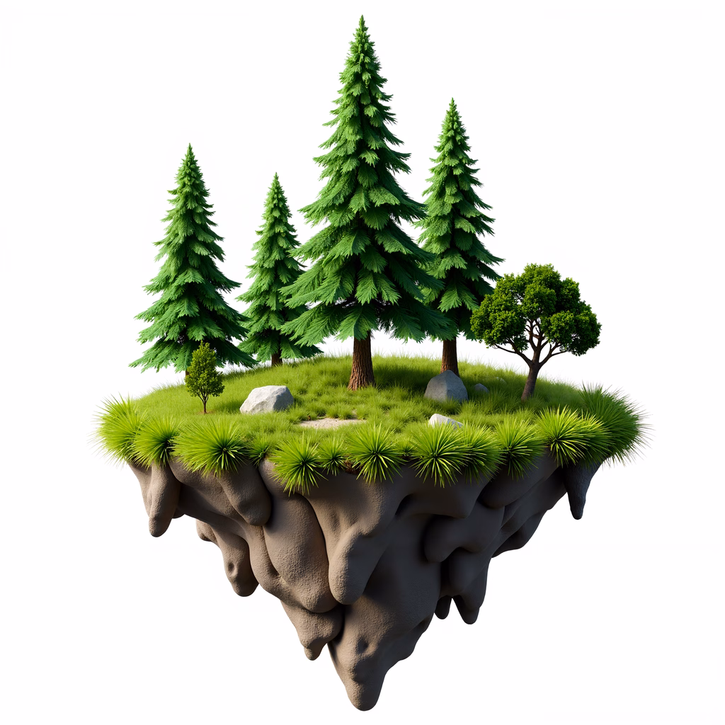 A peaceful floating island with tall pines and vibrant greenery.