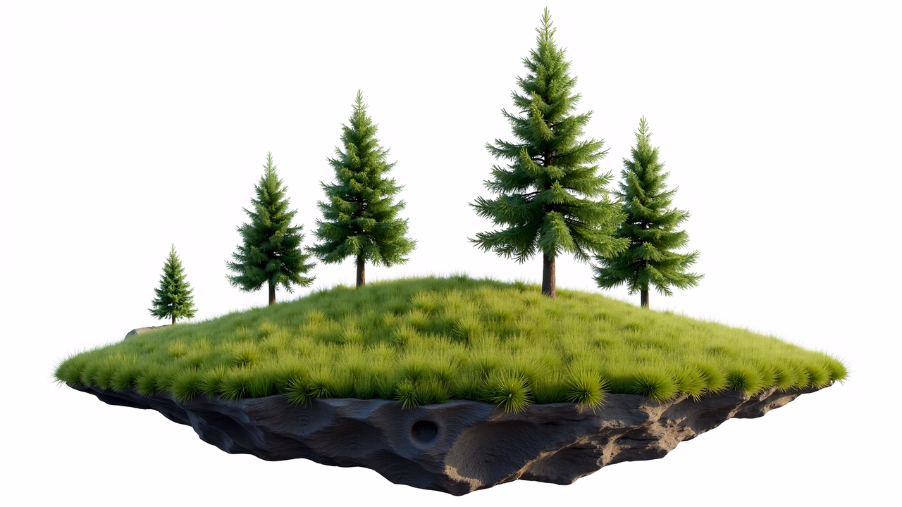 A peaceful floating island with pine trees and green grass.