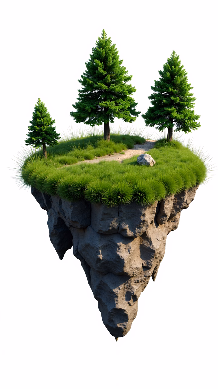 A tranquil floating island with lush greenery and pine trees.