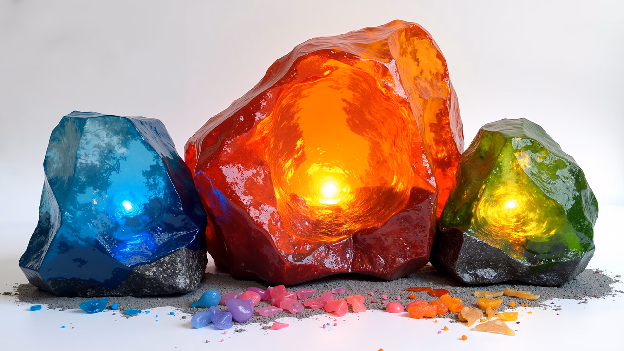 Mesmerizing illustration of glowing gemstones in vibrant colors.