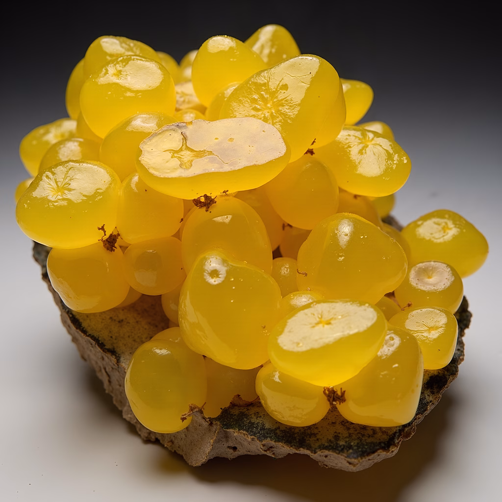 Close-up of fresh, glistening yellow grapes on a textured surface.