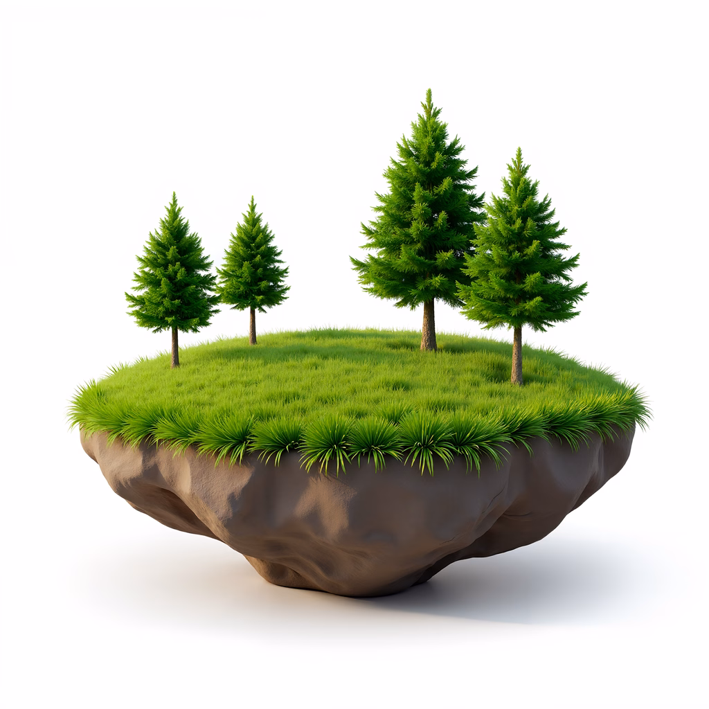 A floating island with pine trees and lush greenery, symbolizing peace and nature.