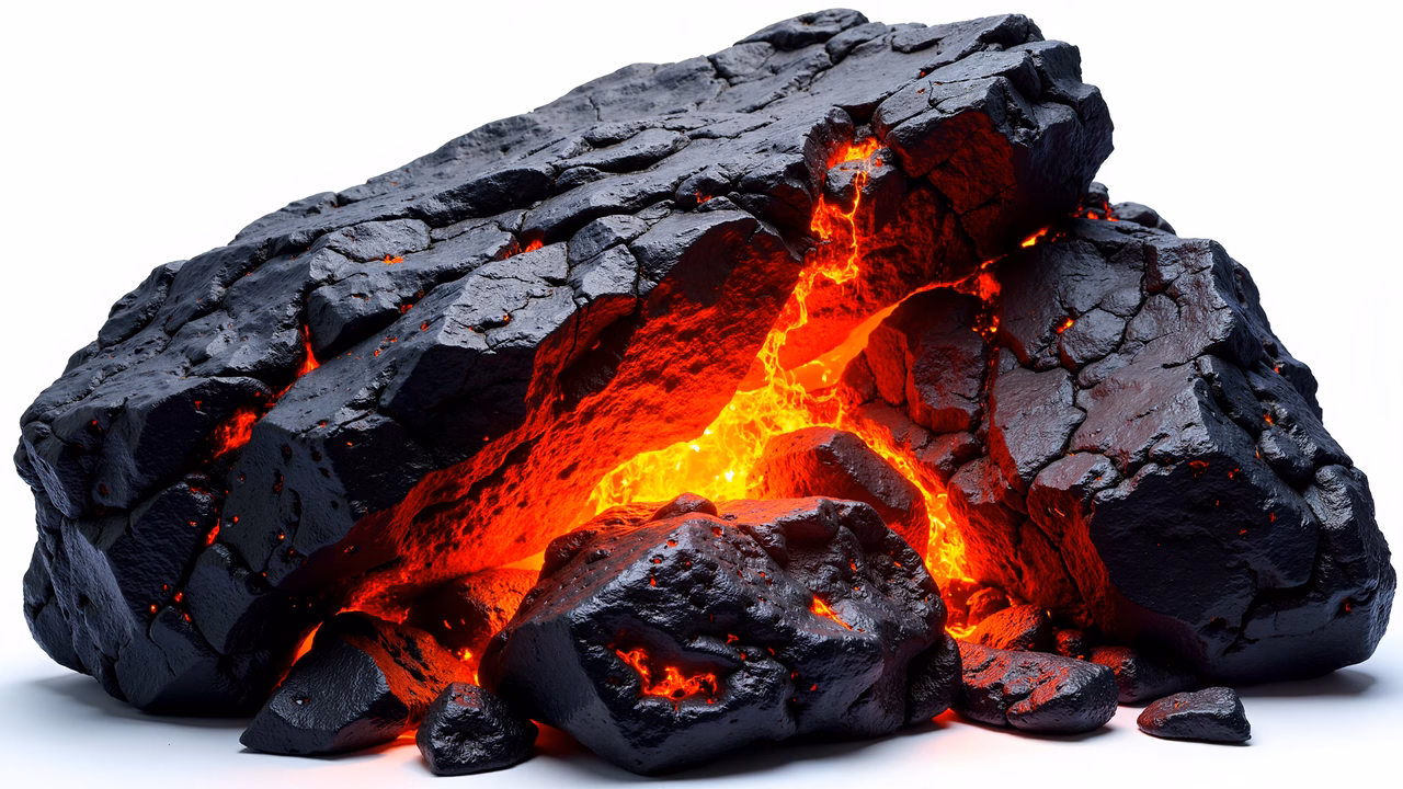 Intense lava flow with vibrant orange and red hues against a dark background.