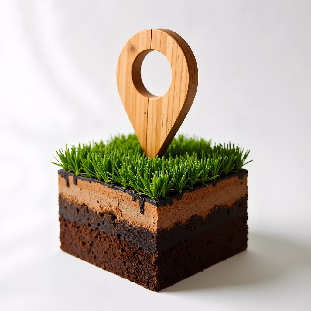 Creative map pin cake design with chocolate layers and grass topping.