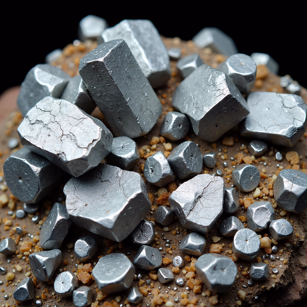Close-up photo of metallic rocks on a textured surface, showcasing their varied shapes and textures.