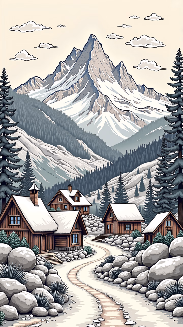 A tranquil mountain retreat with wooden cabins and snow-capped peaks.
