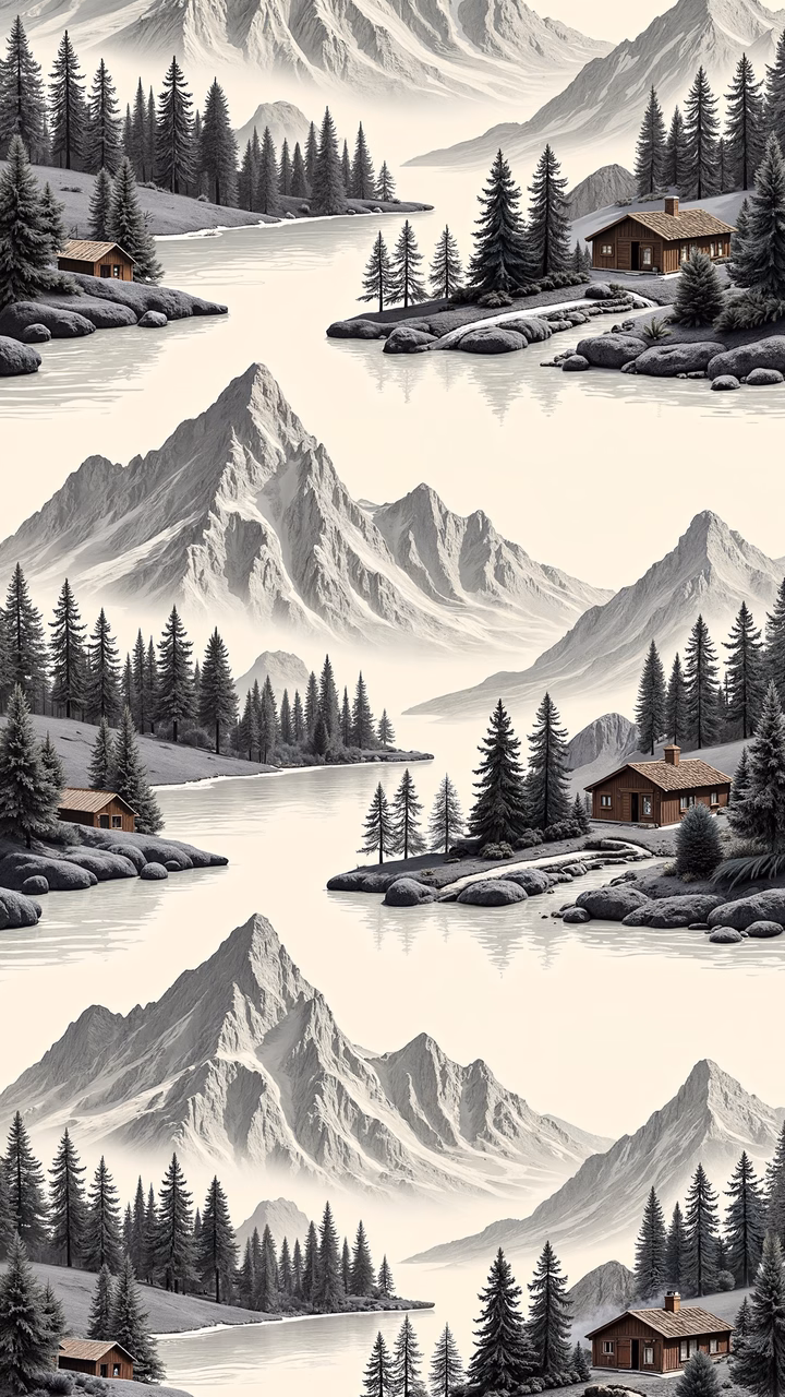 A peaceful mountain retreat with snow-capped peaks and pine trees reflecting in a calm lake.