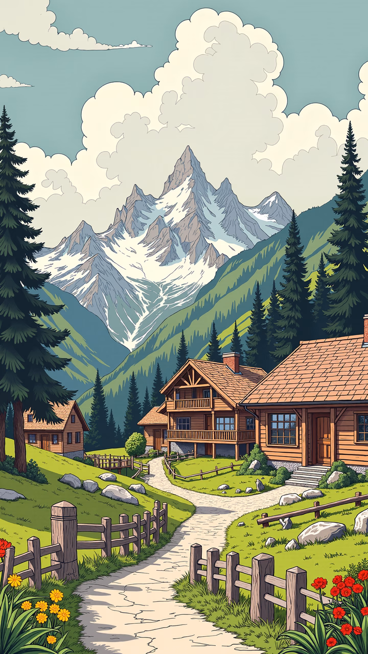 A cozy mountain retreat with wooden houses and snow-capped peaks.