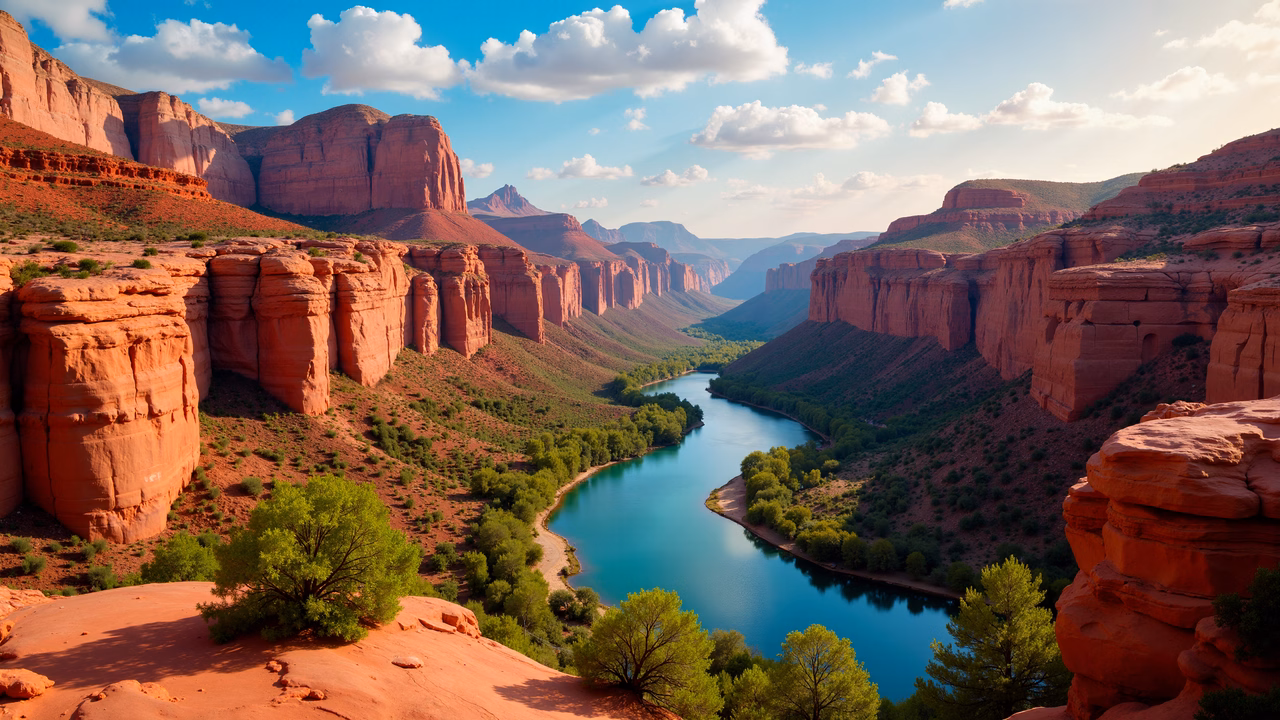 Vibrant red rocks and turquoise river in a tranquil natural setting.