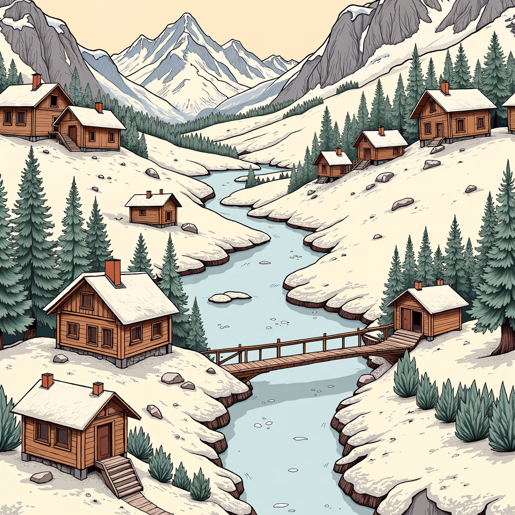 A picturesque winter retreat with cabins and a bridge over a river.