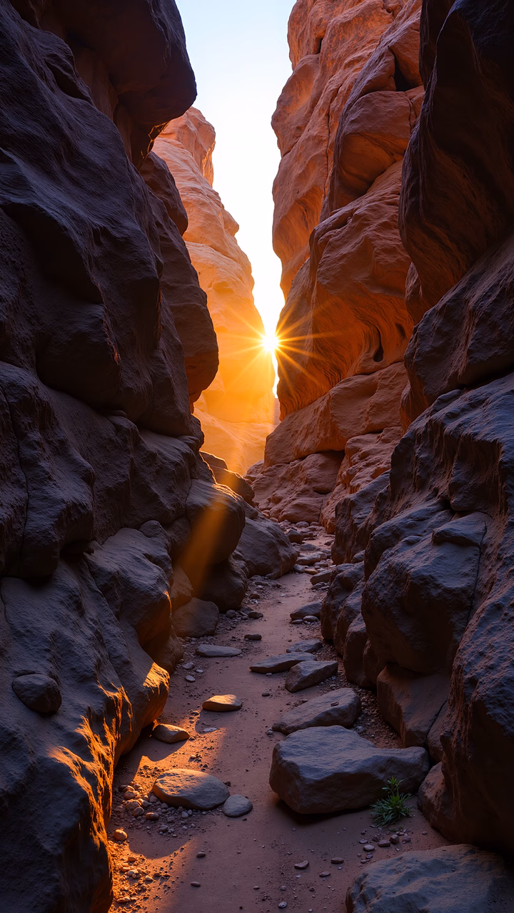 A stunning sunset captured within a narrow canyon, showcasing warm hues and natural beauty.