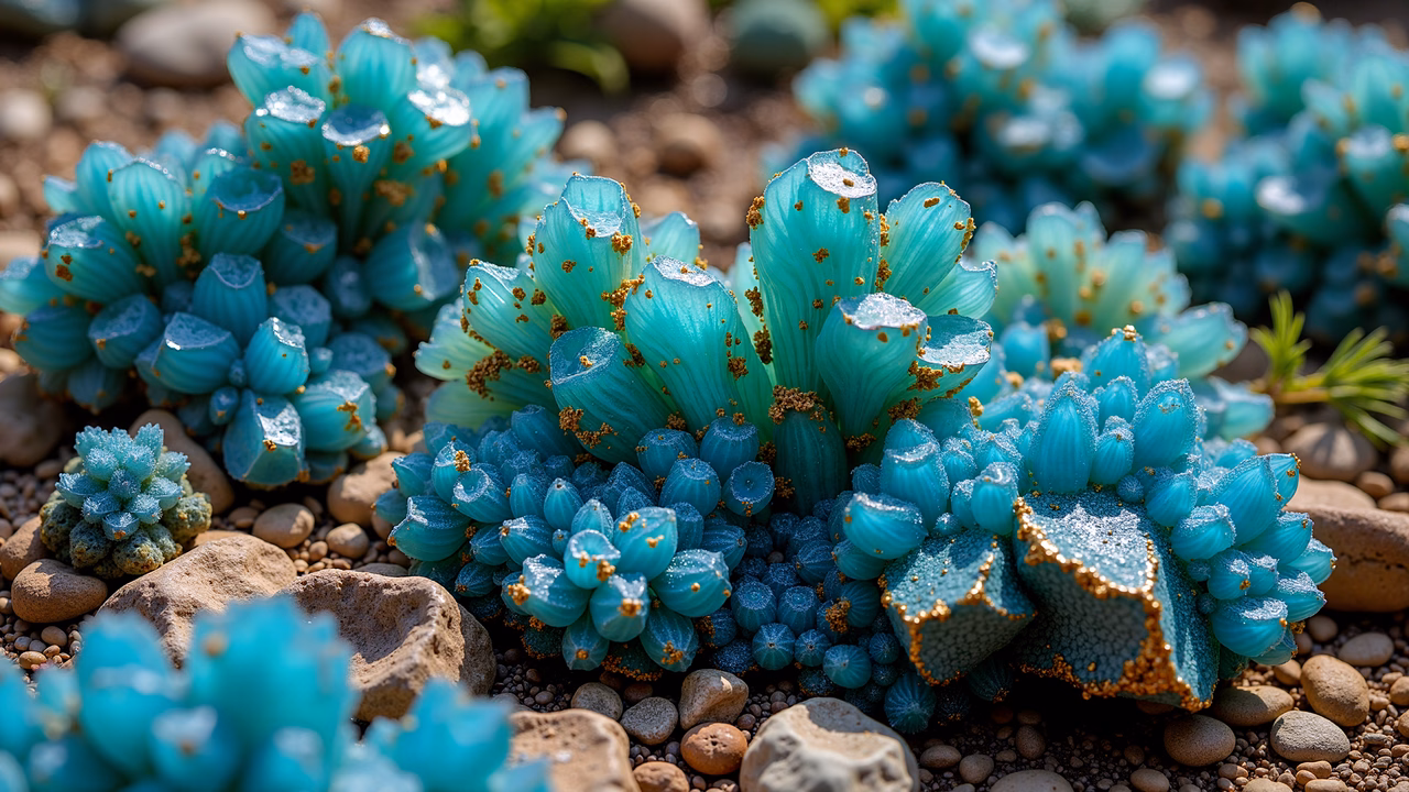 A stunning illustration of turquoise succulents in a garden setting.