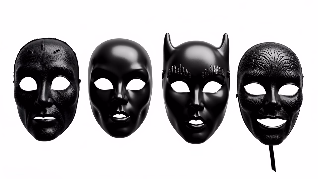 Four unique black masks on a white background, showcasing detailed textures and superhero motifs.