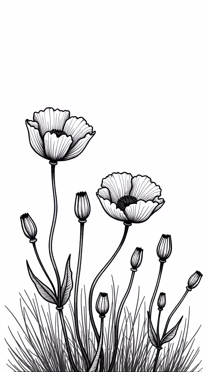 Detailed black-and-white floral illustration featuring poppies and buds.