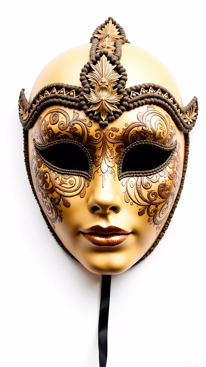 Elegant golden Venetian mask with intricate designs and luxurious sheen.