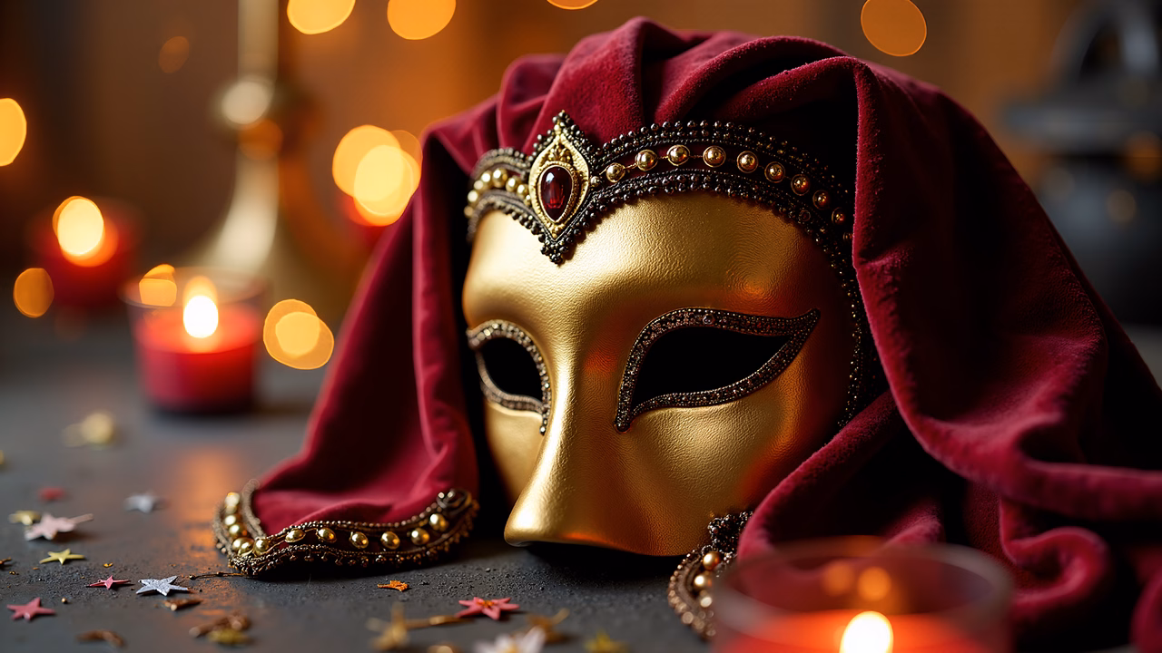 Golden Venetian mask with red velvet, candlelit background, magical ambiance.