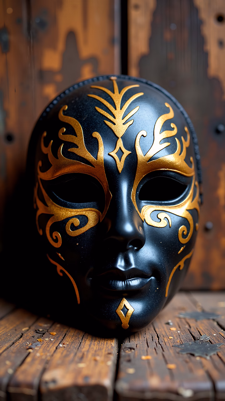 A stunning Venetian mask with intricate gold designs and a dramatic atmosphere.