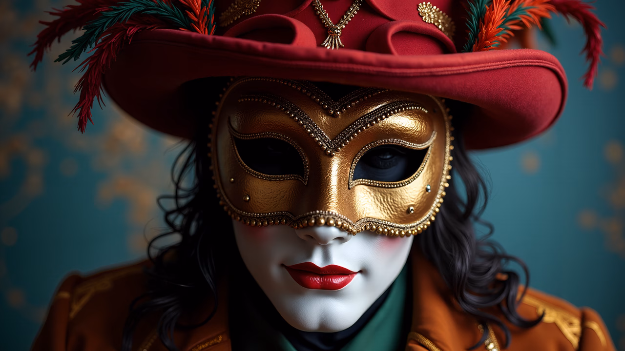 Elegant masquerade mask with intricate gold details and vibrant red hat.