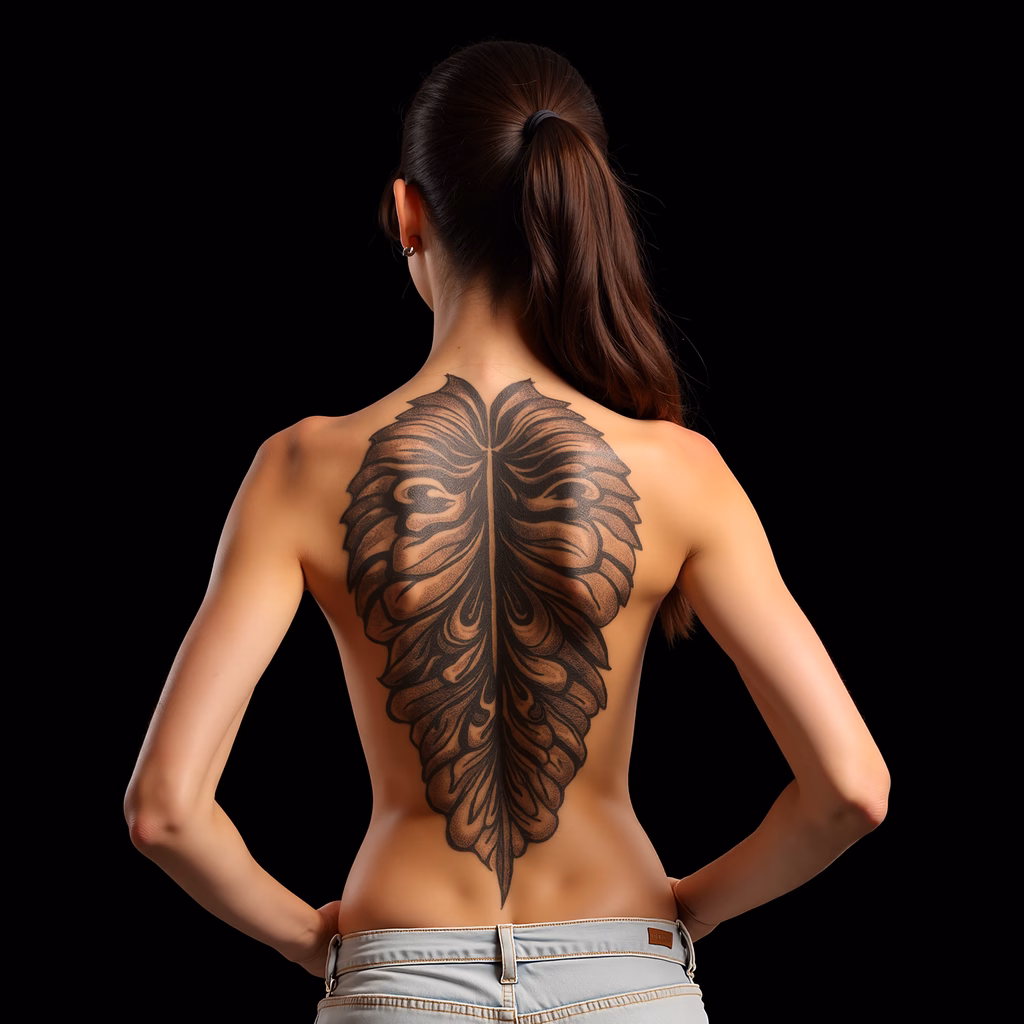 Detailed back tattoo of wings in black and brown tones, minimalist design, bold artwork focus