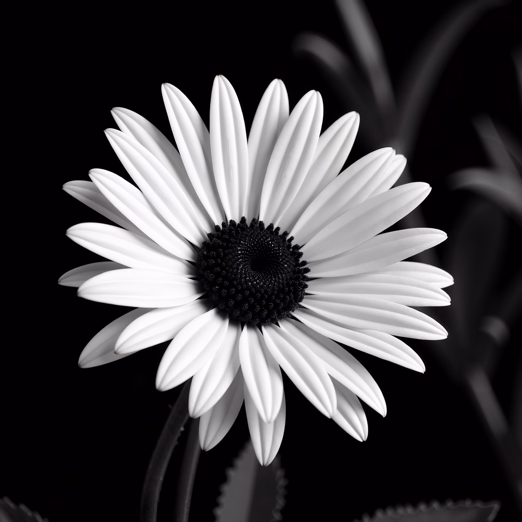 Monochrome floral portrait of a daisy with sharp contrasts and intricate details.