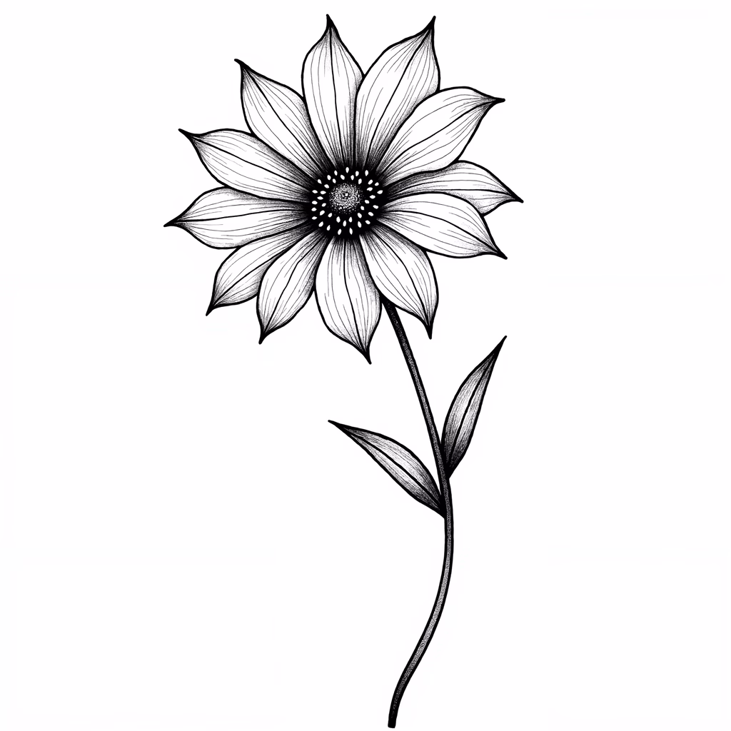 Detailed black and white floral illustration with intricate petal patterns and a slender stem.