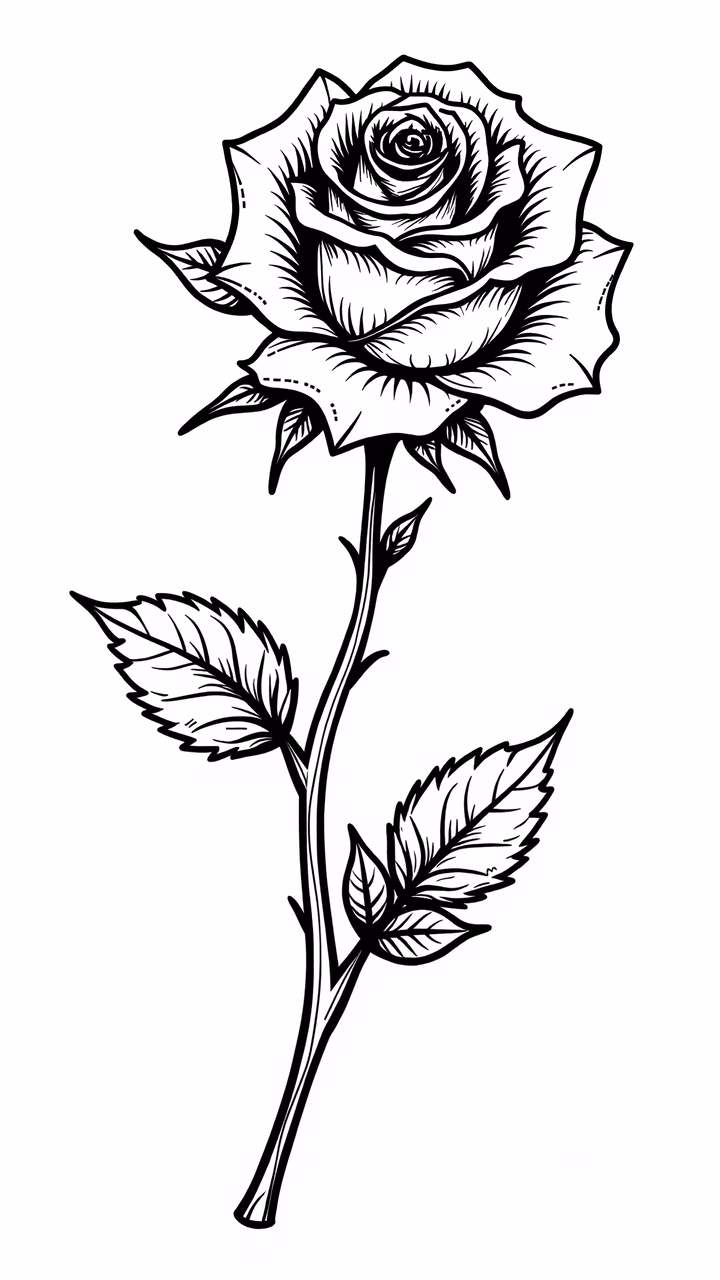 Detailed black and white illustration of a rose, emphasizing elegance and simplicity.