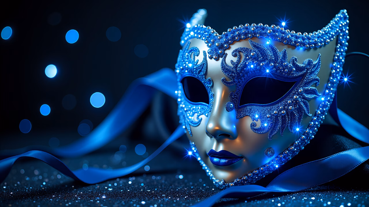Elegant blue masquerade mask with rhinestones and ribbon, set against sparkling lights.