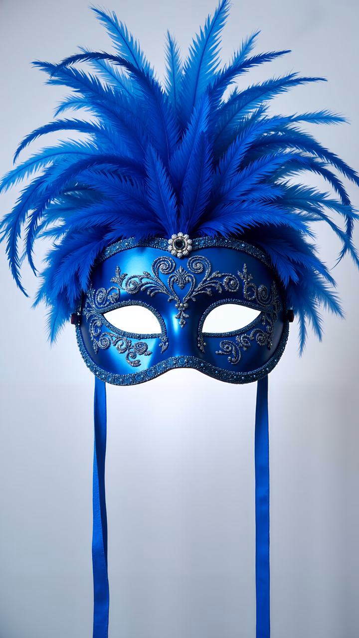 Elegant blue Venetian mask with silver embellishments and feathers, perfect for fashion enthusiasts and costume parties.