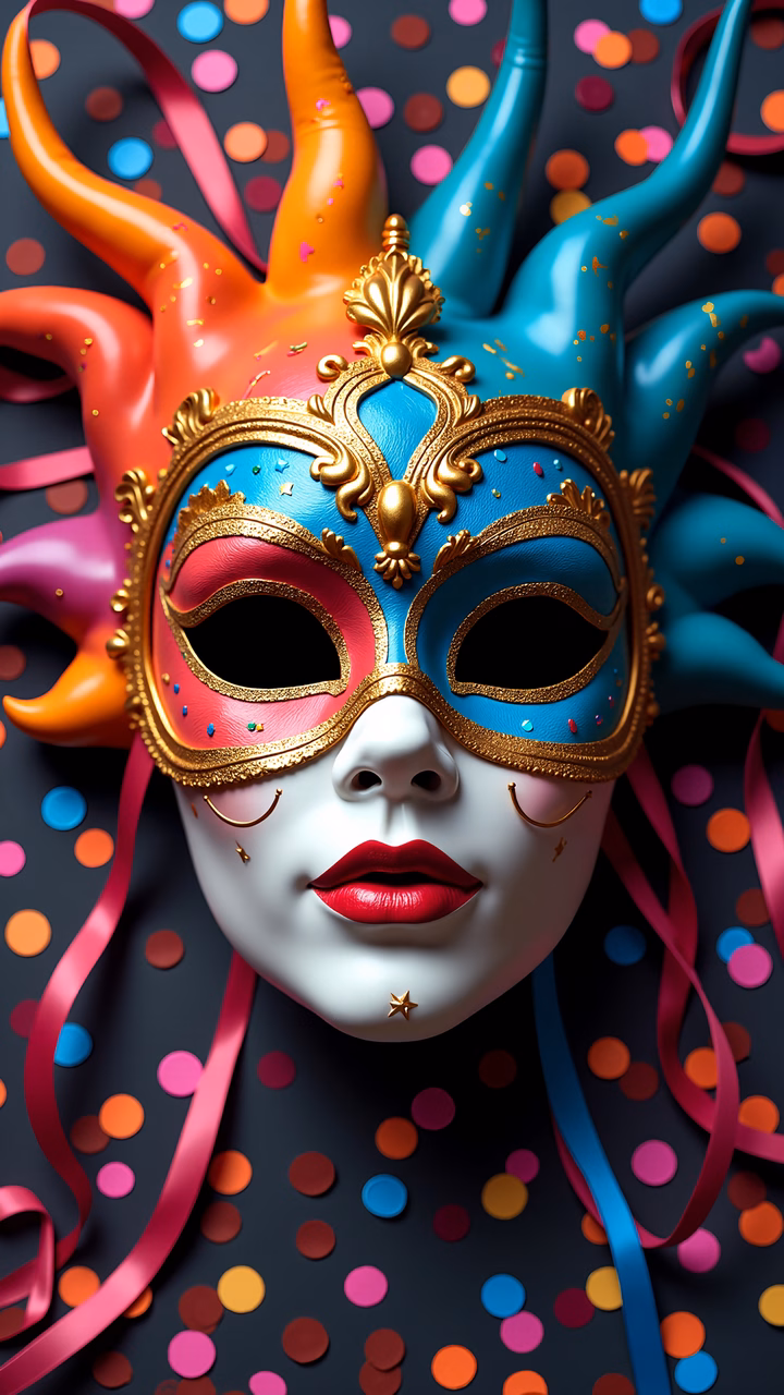 Vibrant carnival mask with bold colors and intricate details, celebrating joy and festivity.