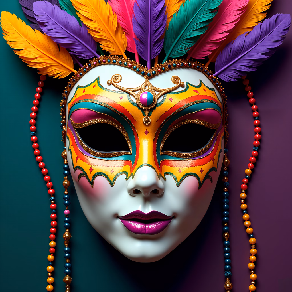 Vibrant carnival mask with colorful feathers and beads, celebrating festive spirit.