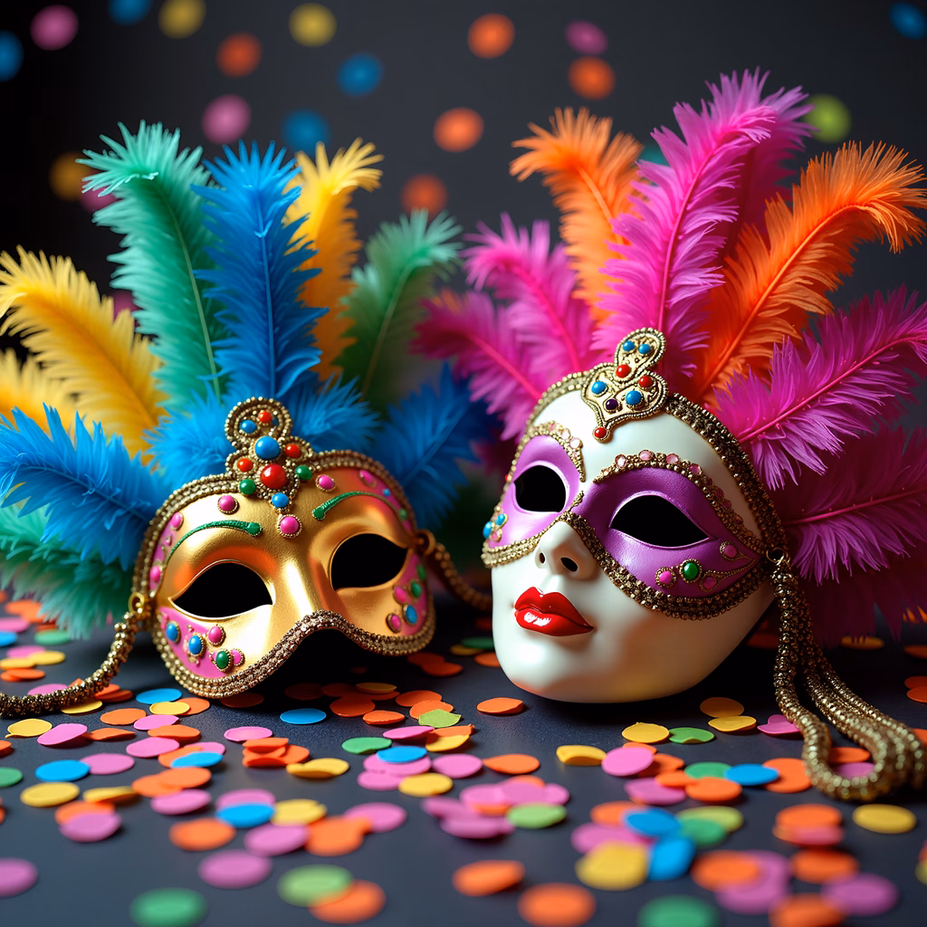 Vibrant carnival masks with colorful feathers and confetti celebrating festivity.