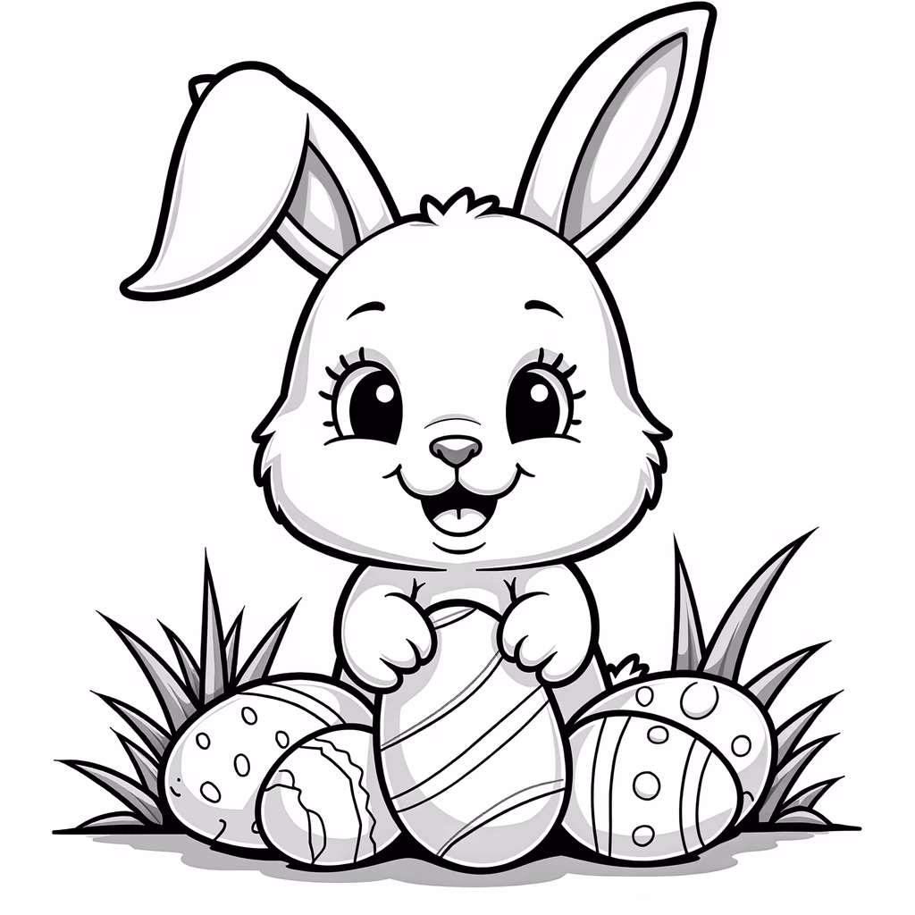 A delightful black-and-white Easter bunny illustration surrounded by eggs.