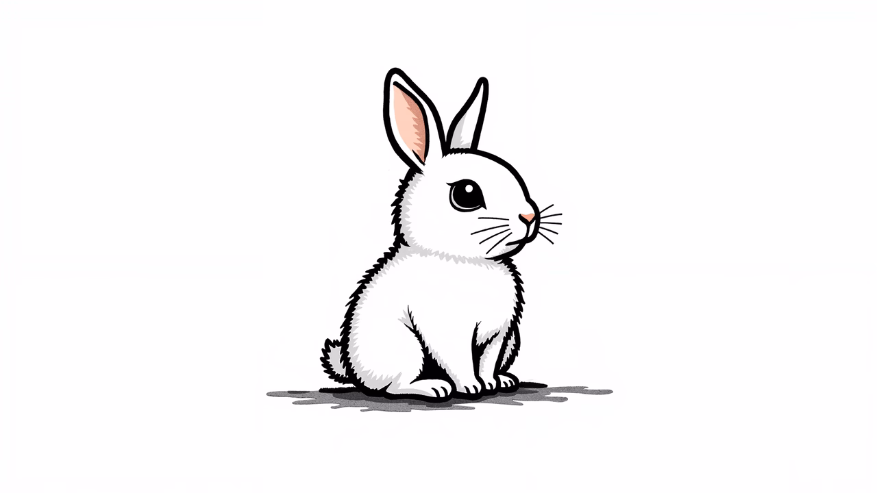 A cute, minimalist cartoon rabbit sitting calmly on a white background.