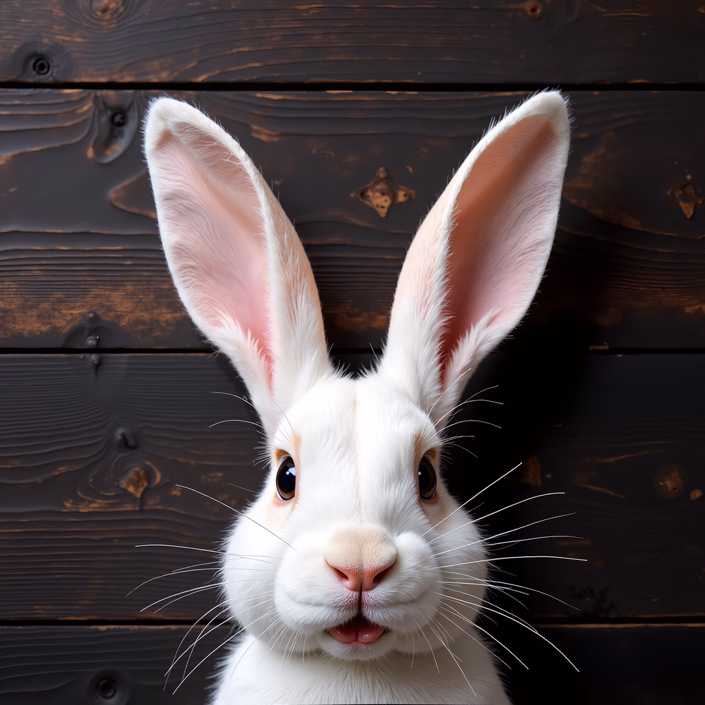 Close-up of a curious white rabbit against a dark wooden backdrop.