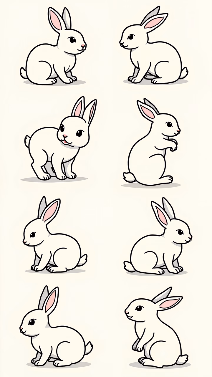 A set of cute, minimalist rabbits in various poses, perfect for children's art and decor.