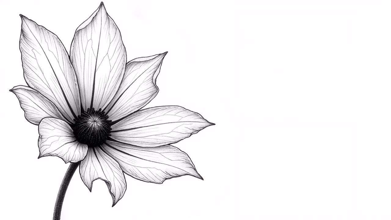 Detailed black-and-white illustration of a dahlia flower, emphasizing its intricate beauty and elegance.