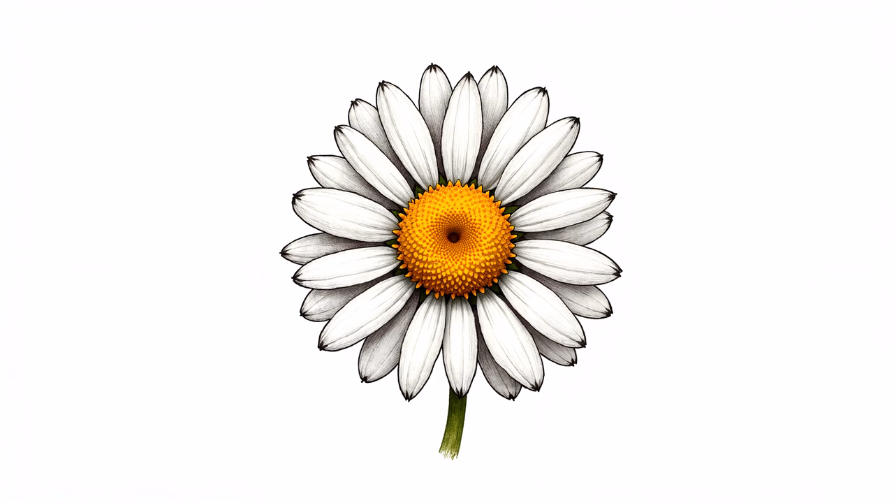 Detailed black and white illustration of a daisy with a vibrant yellow center on a white background.