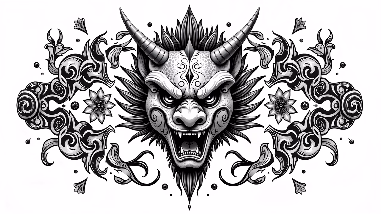 Fierce demon head with intricate patterns and floral motifs in monochrome.
