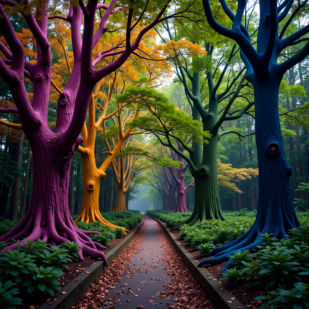 Whimsical forest scene with colorful trees and a magical path.