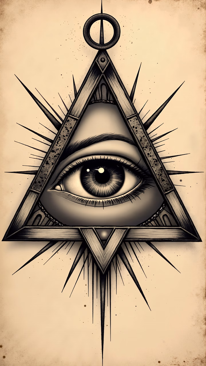 Detailed eye within a triangular frame, symbolizing mystery and surveillance.