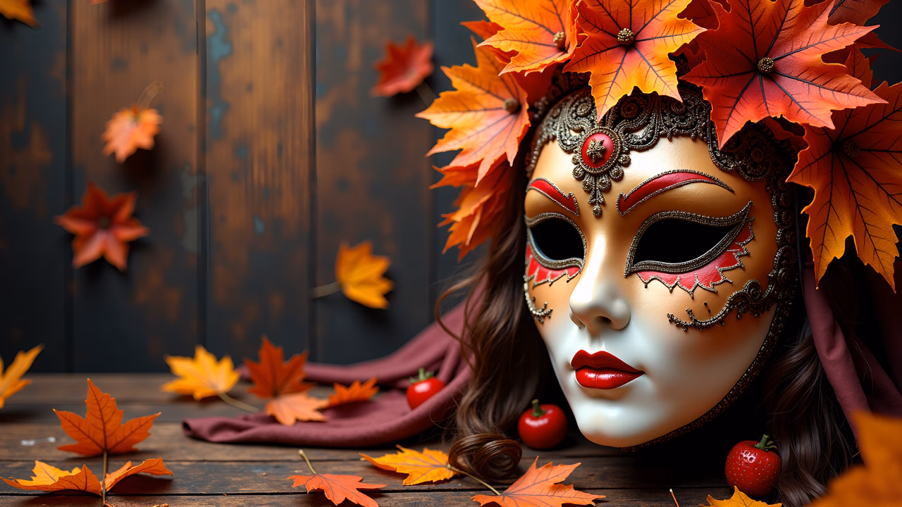 Masquerade mask with autumn leaves, elegant lace, warm colors, mysterious charm