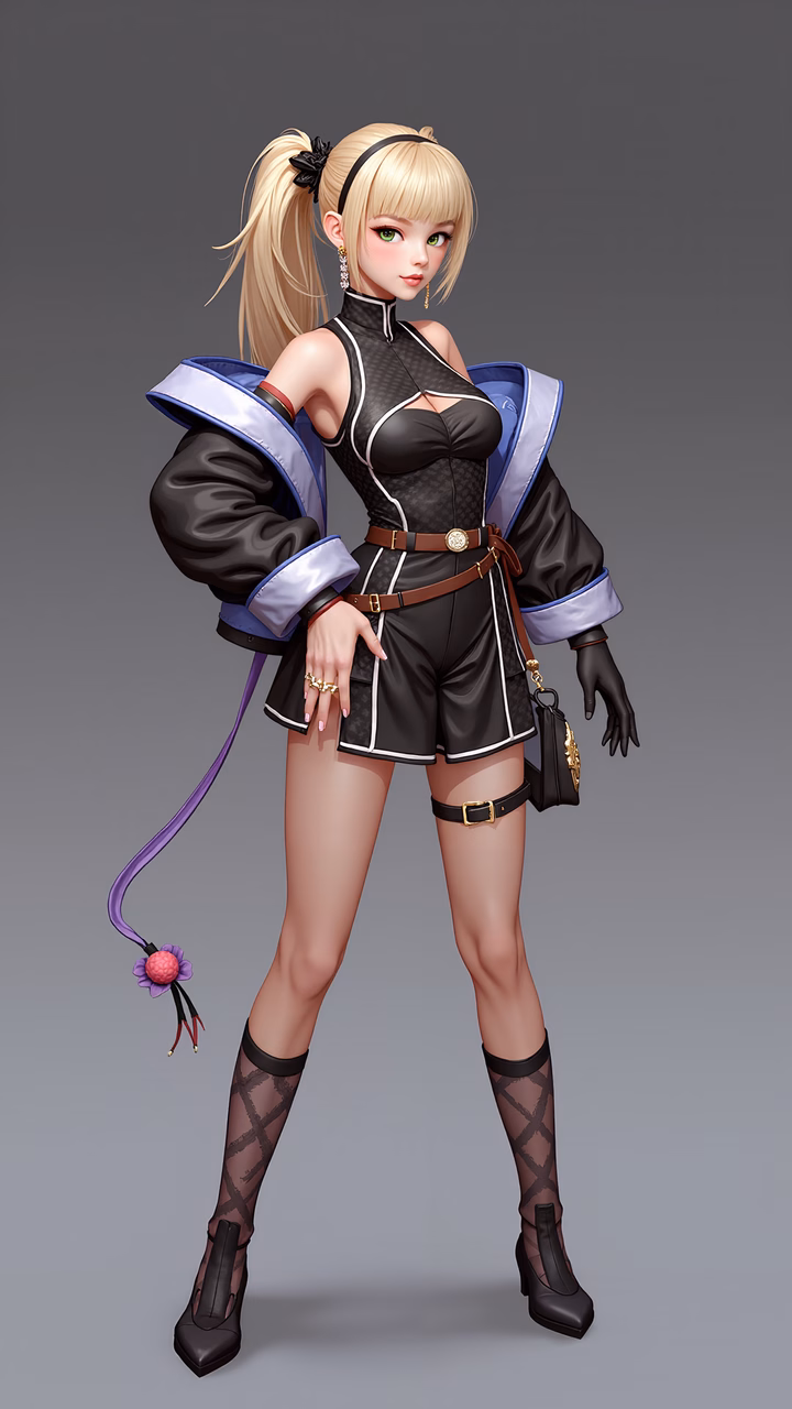 Stylish fashion illustration featuring a character in black and purple attire, exuding elegance and sophistication.