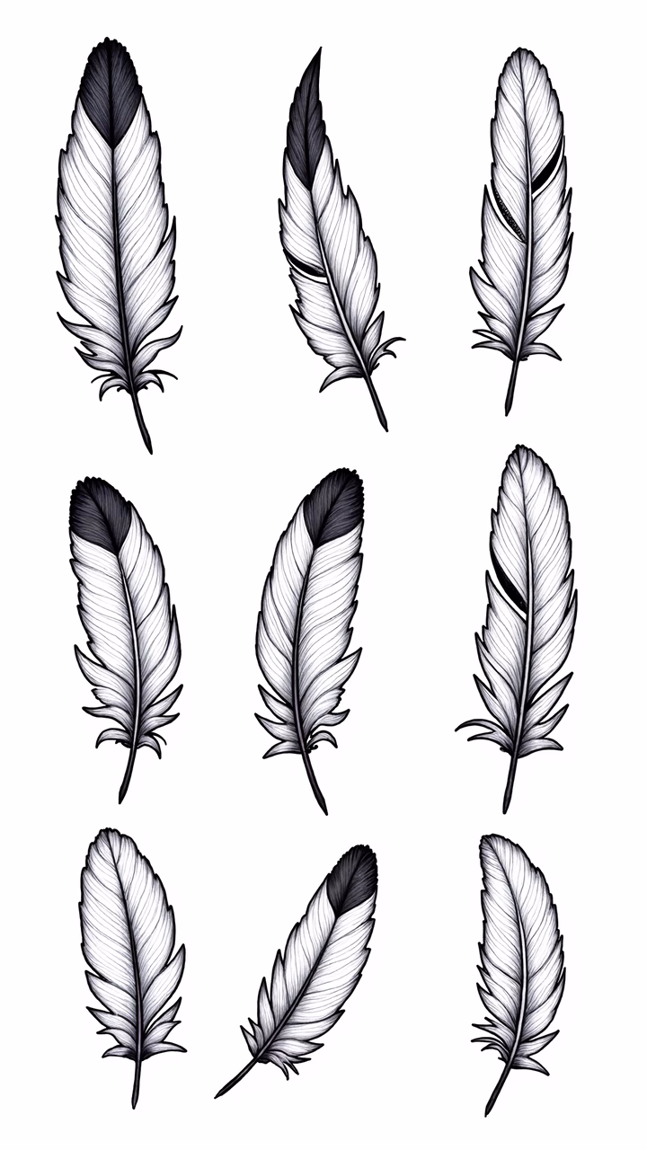 Nine detailed feather illustrations in a monochromatic color palette.