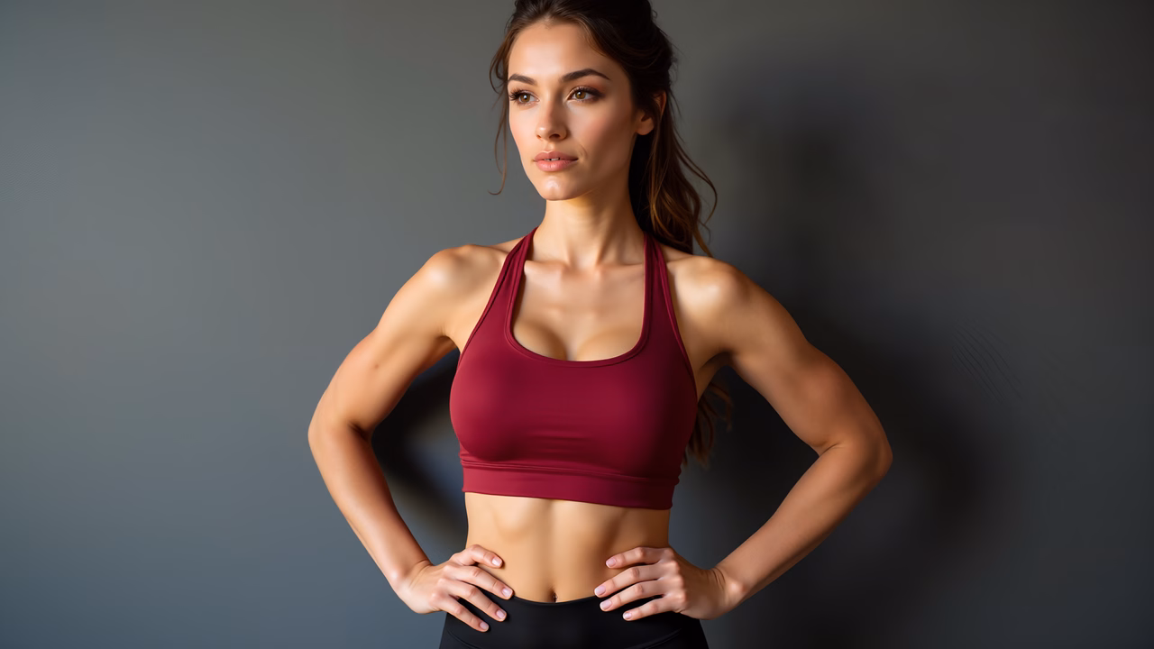 Confident fitness model in maroon sports bra, showcasing strength and athleticism.